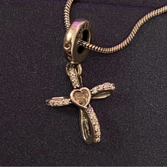 NWT 925 Sterling Silver Cross Charm w/ pink zircon heart accent - Picture 9 of 10
